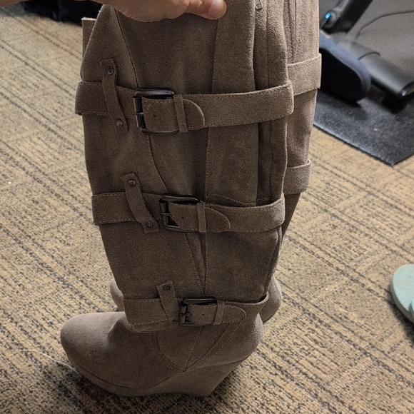 Bakers Tan Suede Heeled Boots with Buckles - Picture 1 of 5